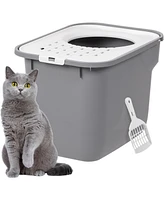 Iris Usa Square Top Entry Cat Litter Box with Scoop, Gray/White