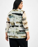 Anne Klein Plus Size 3/4-Sleeve Printed Mesh Top