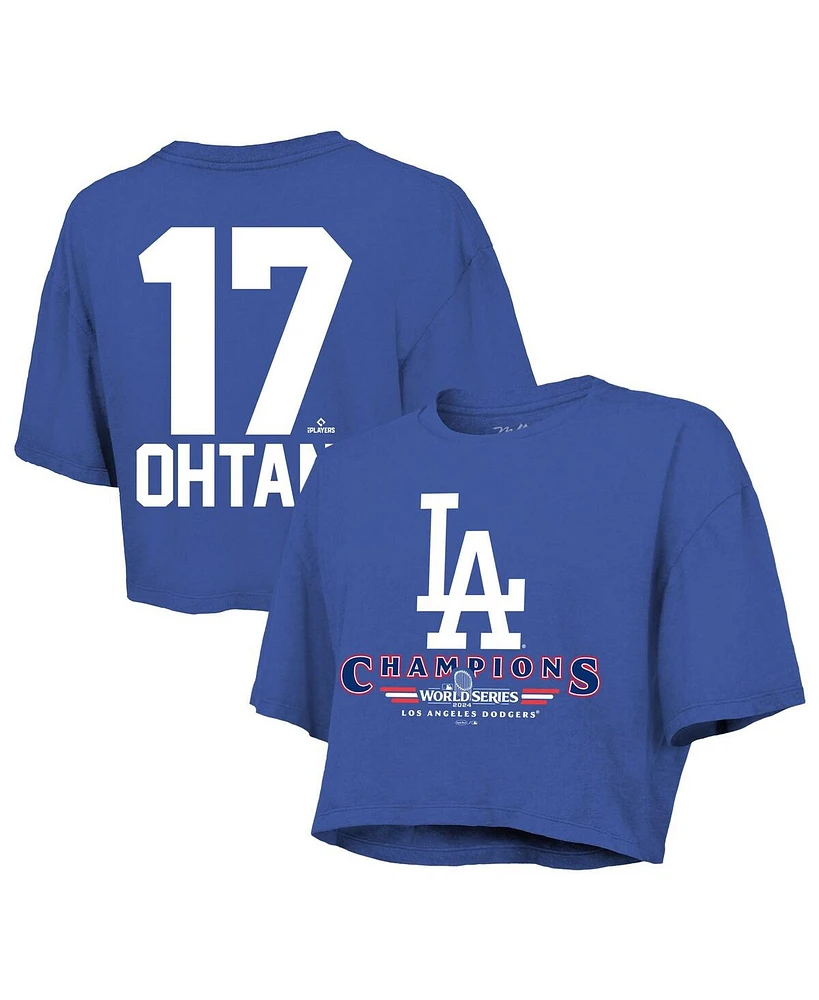 Majestic Women's Shohei Ohtani Royal Los Angeles Dodgers 2024 World Series Champions Name Number Boxy Crop T-Shirt