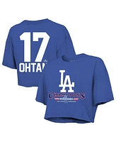 Majestic Women's Shohei Ohtani Royal Los Angeles Dodgers 2024 World Series Champions Name Number Boxy Crop T-Shirt