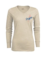 Majestic Women's Oatmeal Los Angeles Dodgers 2024 World Series Champions Tri-Blend Long Sleeve V-Neck T-Shirt