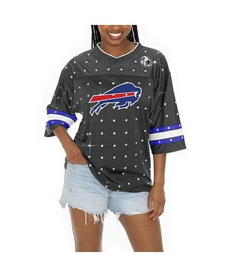 Gameday Couture Women's Anthracite Buffalo Bills Kickoff Time Allover Rhinestone Sports Stripe Jersey V-Neck T-Shirt