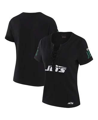 Wear by Erin Andrews x Gracie Hunt Women's Black New York Jets Draft Me Lace-Up T-Shirt