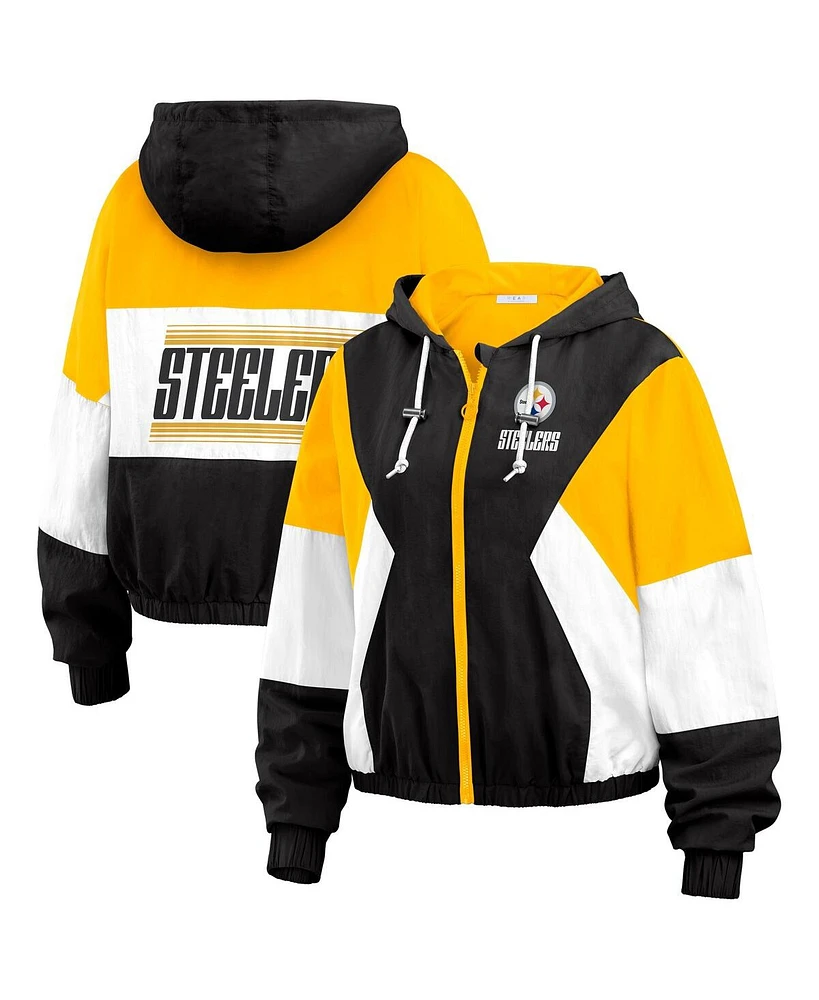 Wear by Erin Andrews Women's Black Pittsburgh Steelers Color Block Full-Zip Windbreaker Jacket