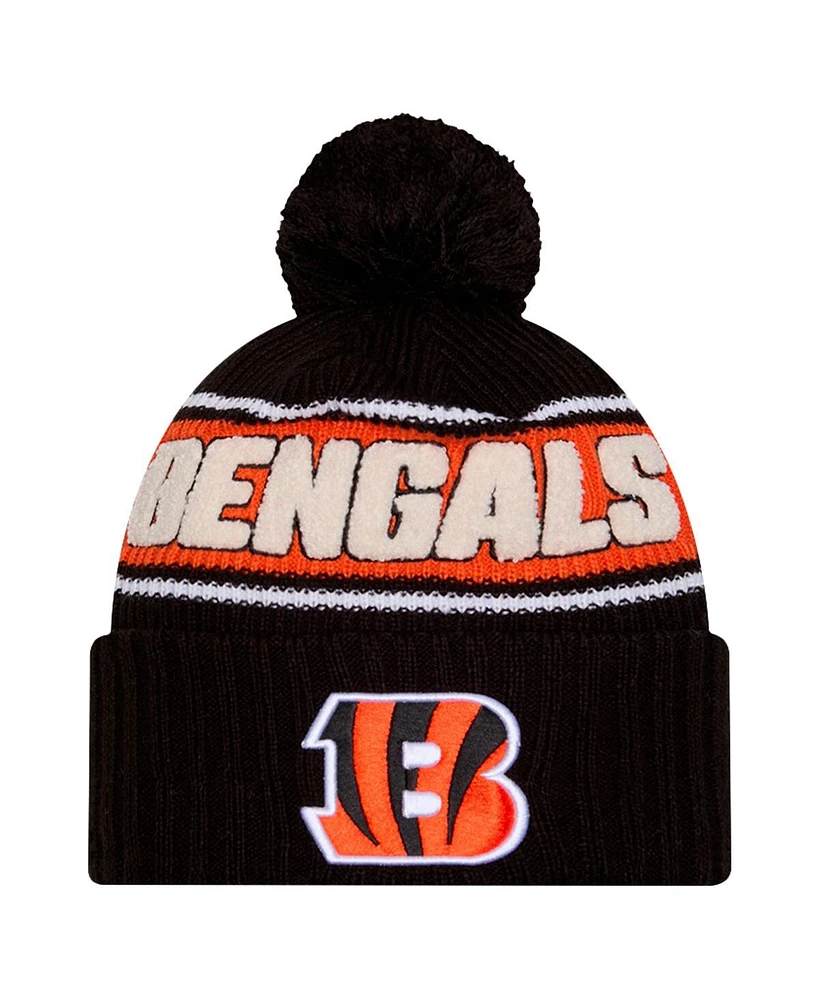 New Era Men's Black Cincinnati Bengals 2024 Sideline Cuffed Knit Hat with Pom