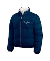 Wear by Erin Andrews Women's Navy/White Dallas Cowboys Reversible Cropped Full-Zip Puffer Jacket