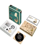 Robotime 3D Wooden Puzzles Gramophone Model Kits Handcrank Mode Self-Assembly Record Player Support, Beige, 8.11"5.04"10.43"