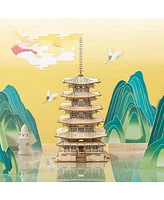 Robotime 3D Puzzles Wooden Model Diy Pagoda Mechancial Construction Creative Jigsaw Craft Kits Gift , Beige, 6.3"6.3"12.6"