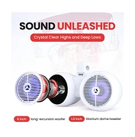 Pyle 8'' Dual Marine Wakeboard Speaker System with Led Lights, Water Resistant, White