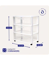 Homz Plastic 3 Clear Drawer Small Rolling Storage Container Tower