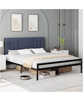 gaomon Platform Bed Frame with Velvet Headboard, Heavy Duty Metal Bed Frame with 15 Strong Slats Support