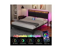 gaomon King Bed Frame with Charging Station, Led Bed Frame with Storage Headboard, Upholstered Platform Bed Frame, No Box Spring Needed