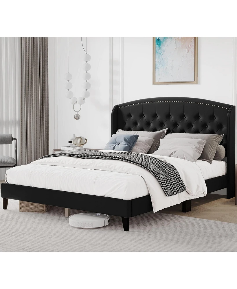 gaomon Strong Wood Slat Support Bed Frame with Button Tufted