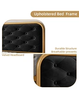 gaomon King Bed Frame with Button Velvet Headboard