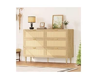 gaomon Rattan 6 Drawer Dresser, Farmhouse Wooden Chest of Drawers with 5 Metal Legs, Golden Handles, Wide Double Drawer Dresser for Bedroom
