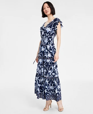 Anne Klein Women's Printed Border-Trim Drawstring Maxi Dress