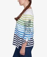 Ruby Rd. Petite Striped Embellished Three Quarter Sleeve Top