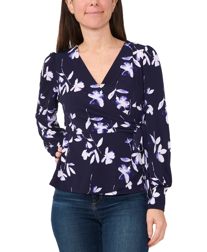 Sam & Jess Women's Floral Surplice-Neck Long-Sleeve Wrap Top