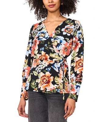 Sam & Jess Women's Floral Surplice-Neck Long-Sleeve Wrap Top