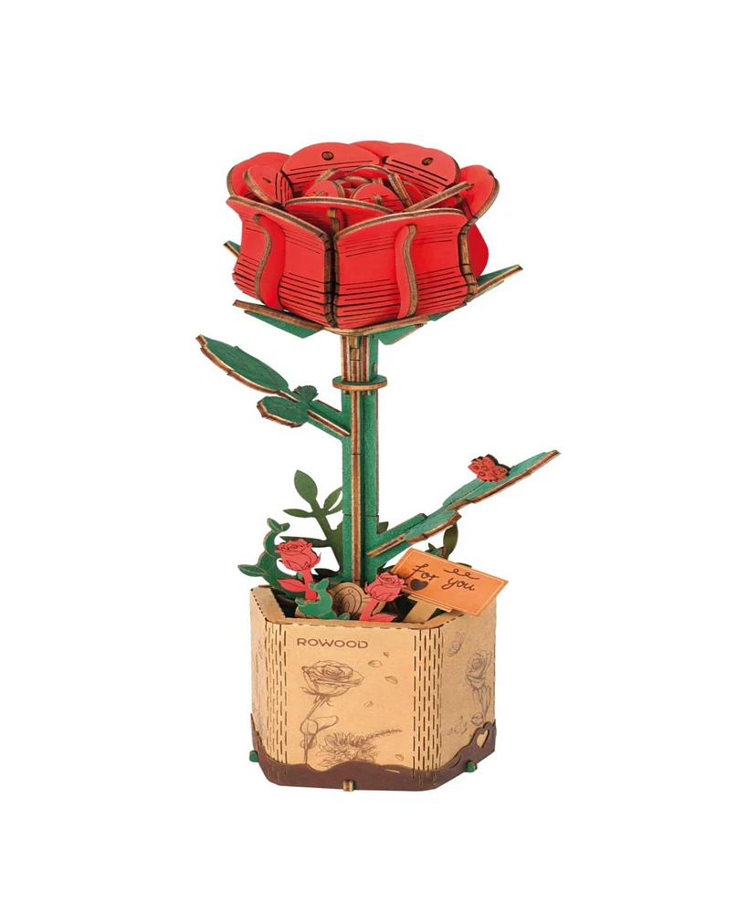 Robotime 3D Wooden Puzzle Red Rose Diy Model Building Kits Artifical Flower Toys, Red, 3.3"2.5"8.2"