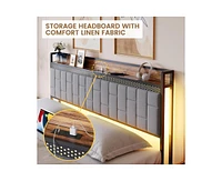 gaomon Queen Bed Frame with Charging Station, Led Bed Frame with Storage Headboard, Upholstered Platform Bed Frame Queen Size, No Box Spring Needed
