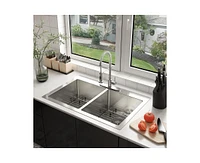 Casainc 33inch L x 22inch W Double Basin Drop-in Kitchen Sink with Accessories