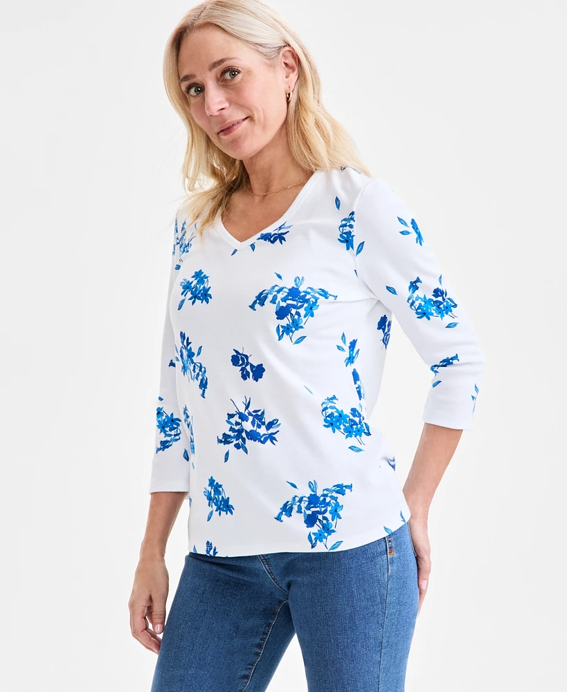 Style & Co Women's Printed V-Neck 3/4-Sleeve Top, Exclusively at Macy's