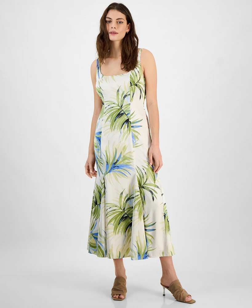 Bar Iii Women's Palm-Print Satin Midi Dress, Exclusively at Macy's