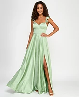 B Darlin Juniors' Satin Sweetheart Ruffle-Strap Gown, Created for Macy's