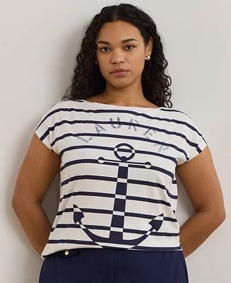 Lauren Ralph Plus Striped Anchor-Graphic Jersey Tee