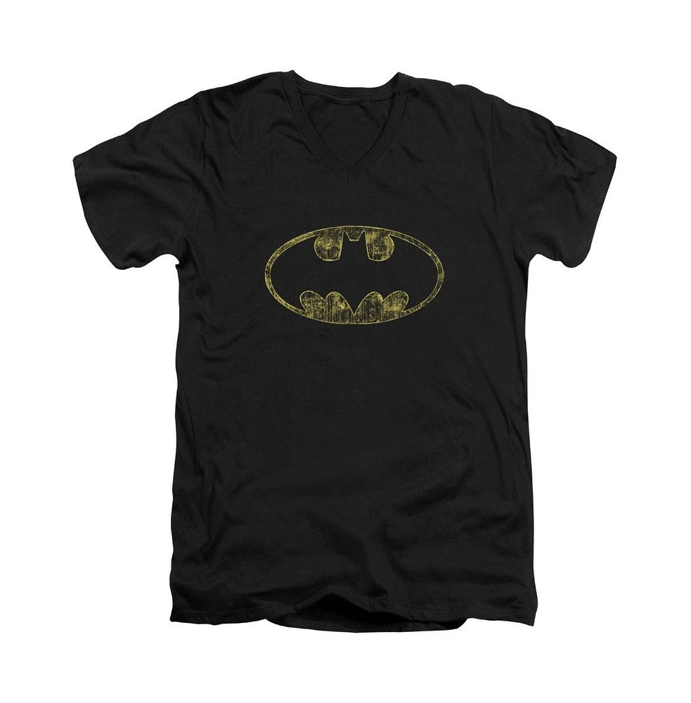 Batman Men's Tattered Logo Short Sleeve Adult V Neck Premium Cotton Tee / T-Shirt