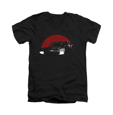 Batman Men's The Red Moon And Batmobile Short Sleeve Adult V Neck Premium Cotton Tee / T-Shirt