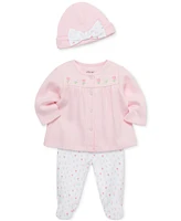 Little Me Baby Girls Tulips Cotton Cardigan, Hat & Footed Pants, 3 Piece Set