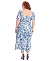 London Times Plus Printed Puff-Sleeve Maxi Dress