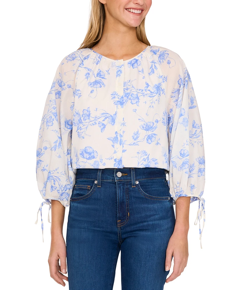 CeCe Women's Cotton Floral-Print Puff-Sleeve Blouse