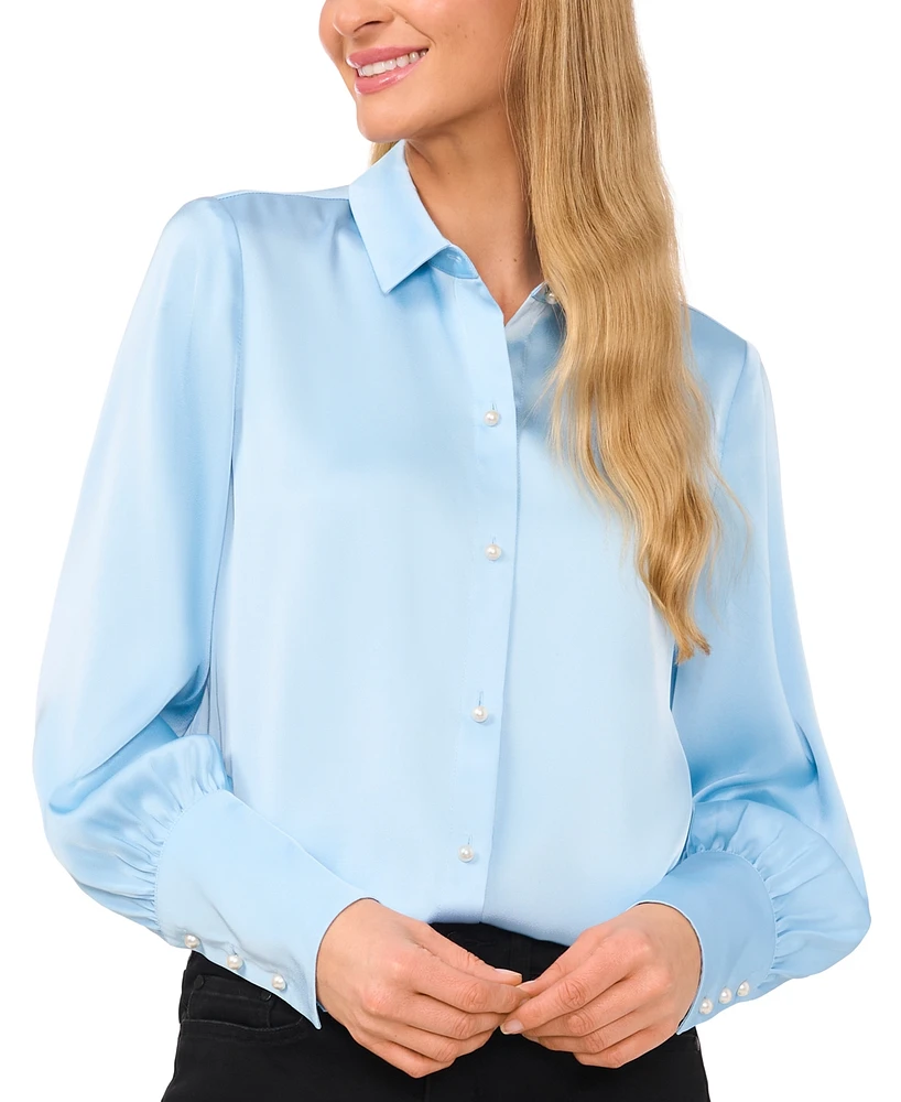 CeCe Women's Luxe Satin Imitation Pearl Button Down Blouse