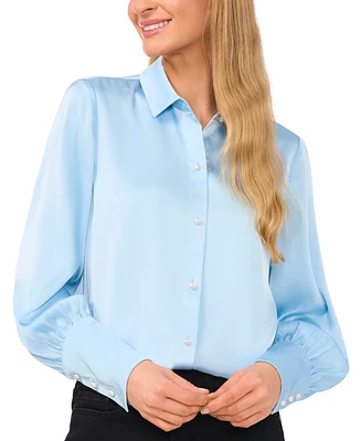 CeCe Women's Luxe Satin Imitation Pearl Button Down Blouse