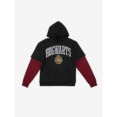 Harry Potter Men's Hogwarts Crest Long Sleeve Black Adult Layered Hoodie-xl