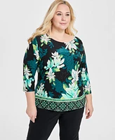 Jm Collection Plus Jacquard Printed 3/4-Sleeve Top