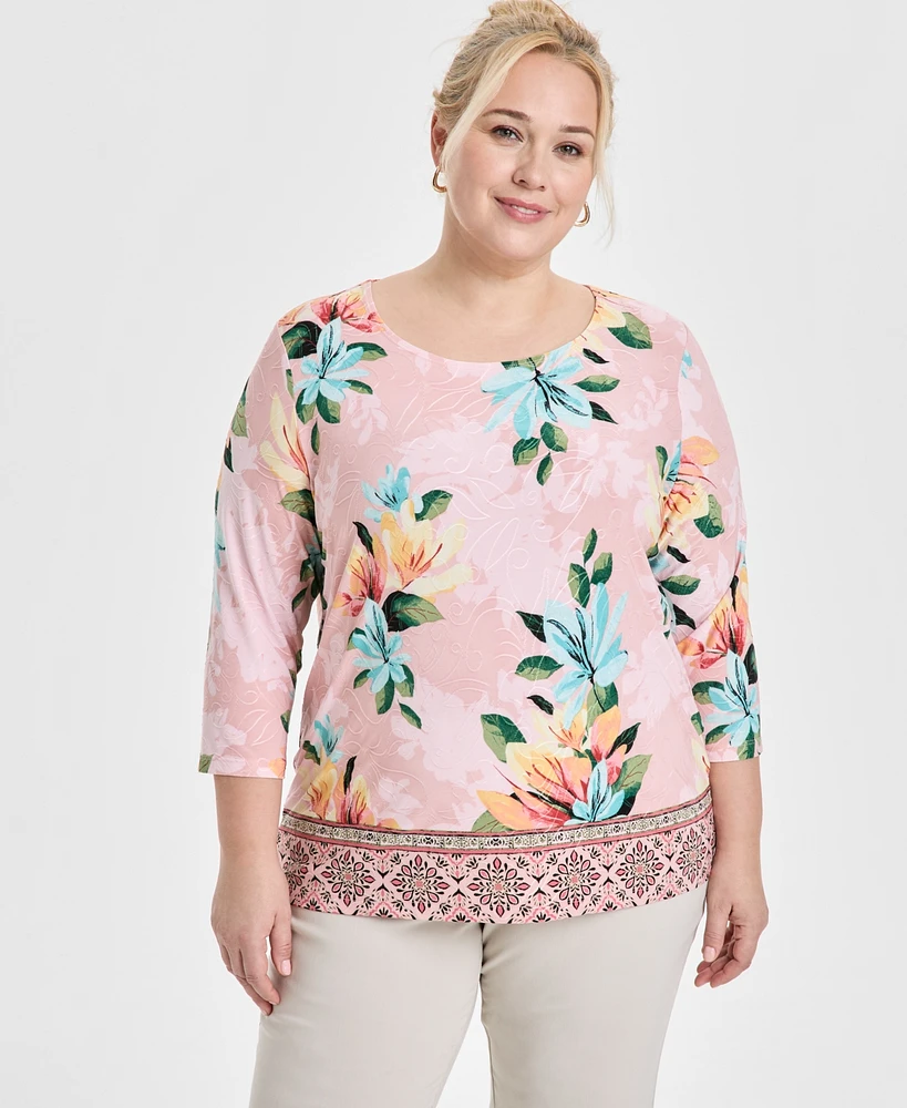Jm Collection Plus Jacquard Printed 3/4-Sleeve Top