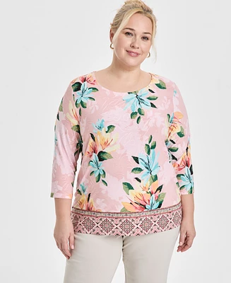 Jm Collection Plus Jacquard Printed 3/4-Sleeve Top