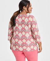 Jm Collection Plus Jacquard Printed 3/4-Sleeve Top