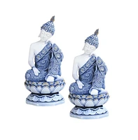 Fc Design "2-pc Set" 11"H Blue and White Thai Buddha on Lotus Seat Figurine Statue Ornament Home Room Office Decor and Perfect Ideas for Housewarming,