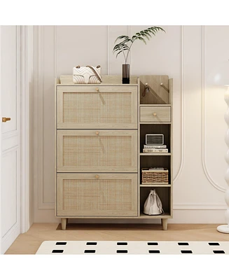 Natural Bohemia Style Shoe Cabinet, Shoe Rack Cabinet with 3 Rattan Flip Drawers,3 Square Shelves and 1 Storage Drawer, Shoe Organizer with Mulit Stor