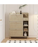 Natural Bohemia Style Shoe Cabinet, Shoe Rack Cabinet with 3 Rattan Flip Drawers,3 Square Shelves and 1 Storage Drawer, Shoe Organizer with Mulit Stor