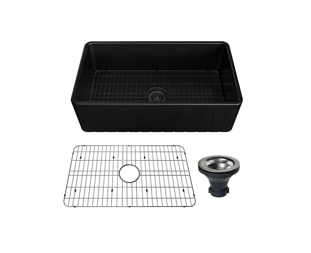 Casainc 33inch L x 18inch W Single Bowl Fireclay Farmhouse Kitchen Sink with Grid