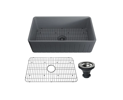 Casainc 33inch L x 18inch W Single Bowl Fireclay Farmhouse Kitchen Sink with Grid