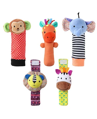 The Peanutshell Safari Baby Rattle Socks and Wrist Rattle Set, 5 Piece