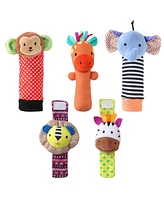 The Peanutshell Safari Baby Rattle Socks and Wrist Rattle Set, 5 Piece