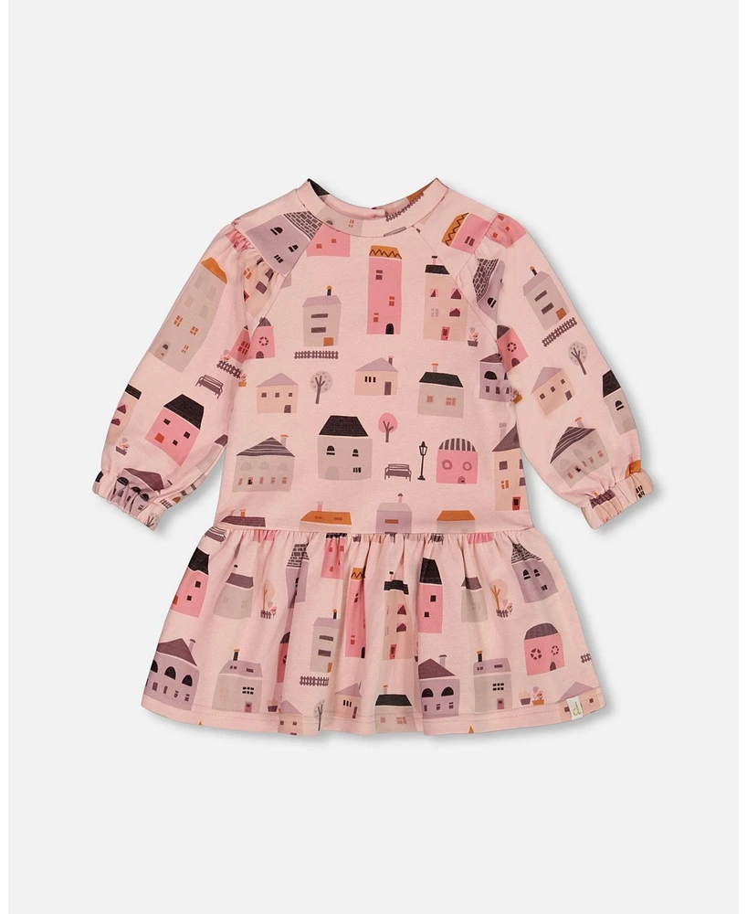 Deux par Baby Girls Printed French Terry Dress Pink And Coral Houses